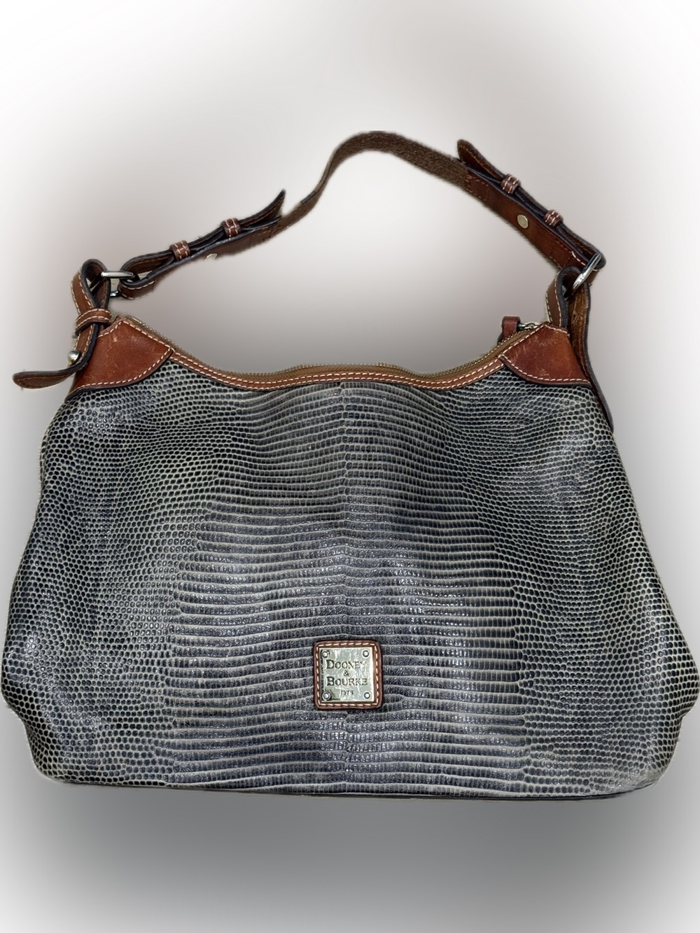 Dooney & Bourke Embossed Lizard Leather Hobo Shoulder Bag Gray Brown Red